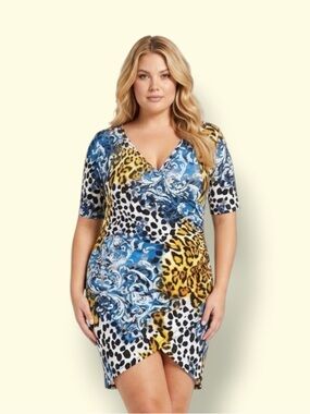 Plus Size V-Neck Coverup Dress in Blue, Yellow & White Animal Print